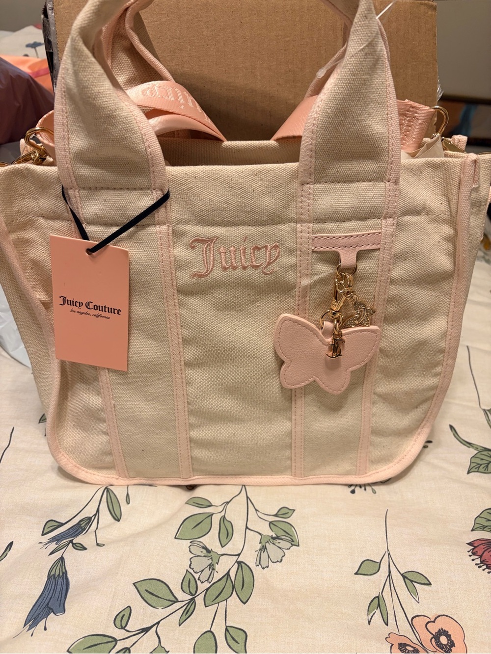 Juicy Couture Mini Tote Bag NWT Cream Pink Butterfly Charm Y2K Coquette Style
